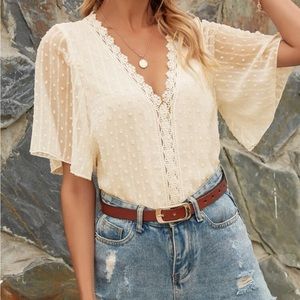 SHEIN Swiss Dot Contrast Lace Blouse
